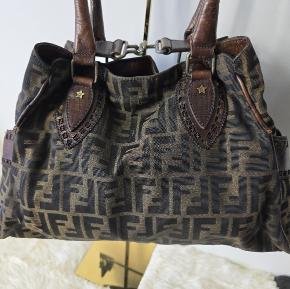 FENDI Zucca Etnico Handbag Tote Bag Nylon Canvas Leather Khaki Dark Brown - Picture 8 of 16